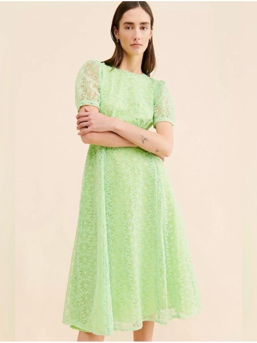 Greylin suki embroidered midi dress puff sleeve floral neon green open back